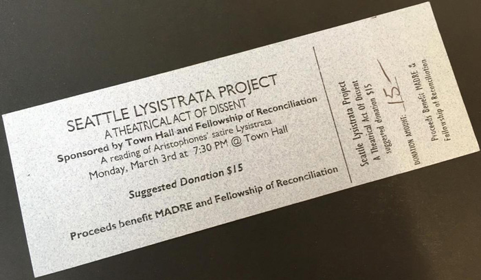 A ticket to the Seattle Lysistrata Project performance, 3 March 2003