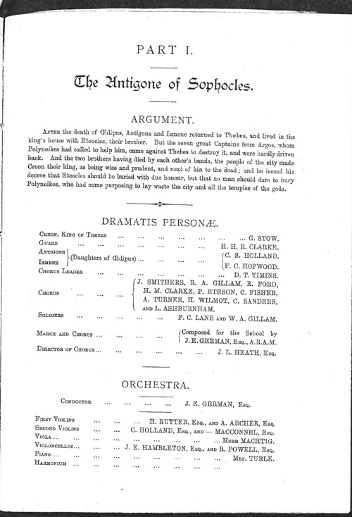 Photograph of the inside of the programme, listing the argument of the play, the dramatis presonae and members of the orchestra