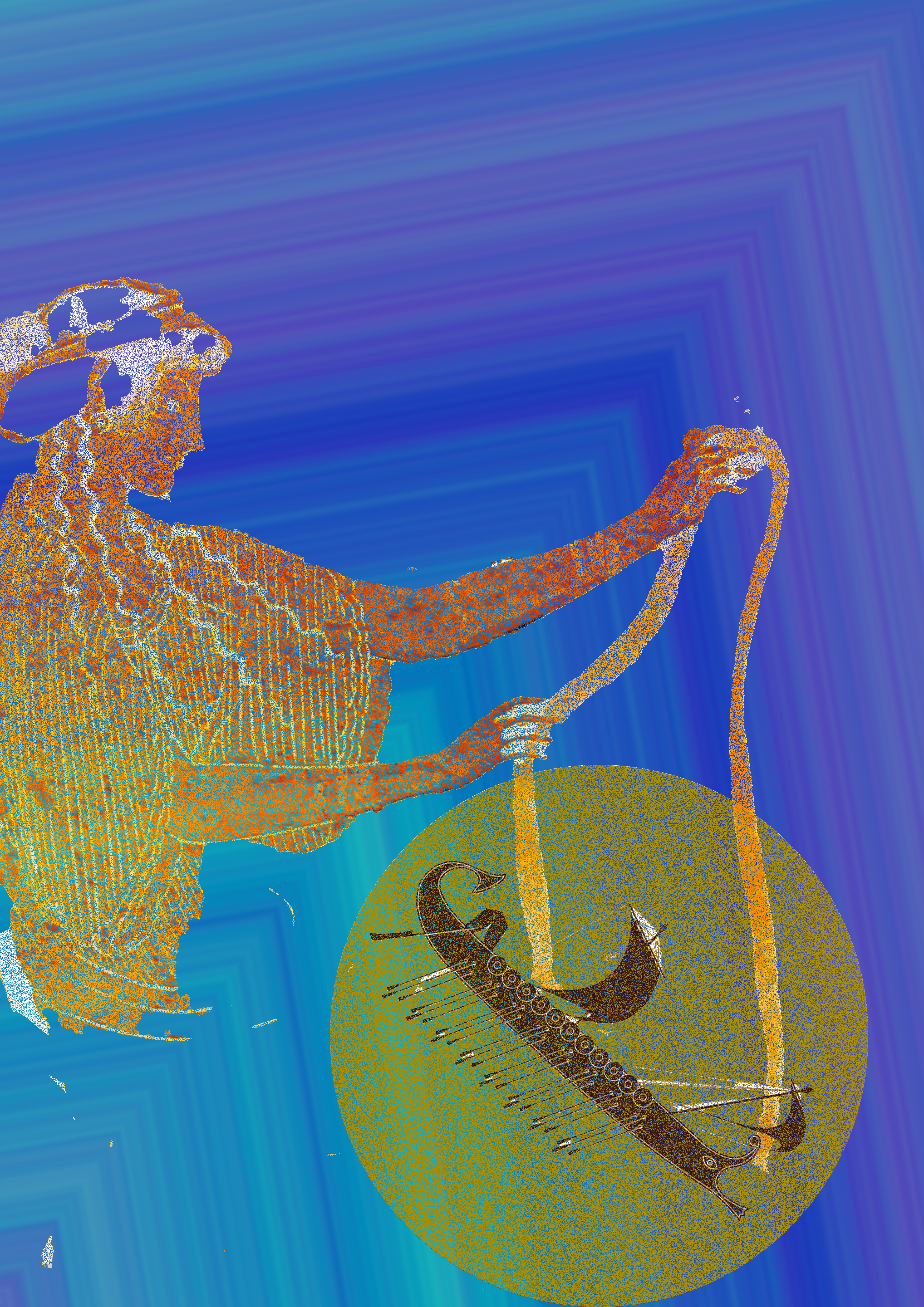 Image from an ancient Greek vase of the upper body of a woman holding a Greek trirreme from a thread