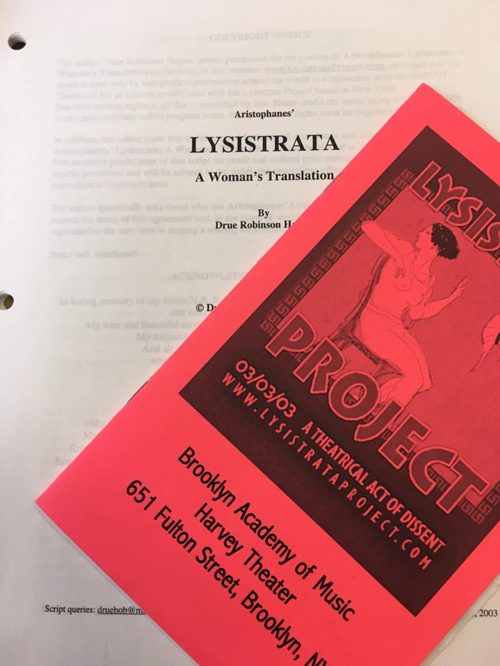 Lysistrata Project programme from the Brooklyn Academy of Music and script titled, Lysistrata a woman's translation 