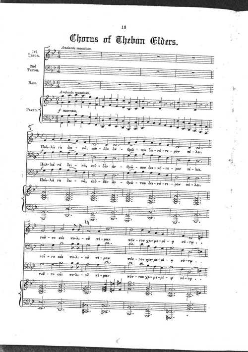 Photograph of the opening page of the 'Chorus of Theban Elders' score from inside the programme