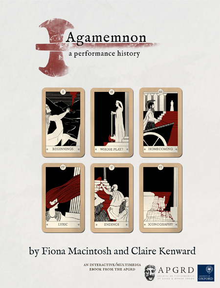 Cover for Agamemnon, a performance history ebook with six playing cards illustrated by Thom Cuschieri, links to the iBook on Apple Books