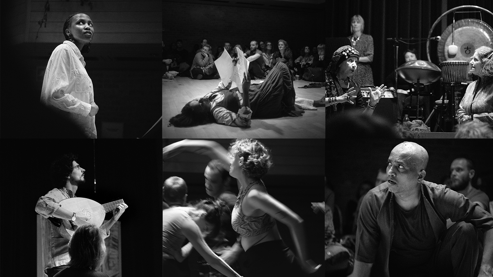 A collage of 6 black and white photographs capturing moments from the All-Night Epic performance of Gilgamesh held in the JdP Music Building 30 April to 1 May 2023. Clockwise from top left: Thembe Mvula stood in a white shirt; Archana Ramaswamy lying on t