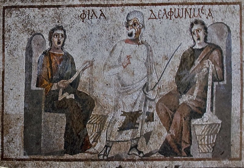 3rd century CE mosaic panel: the scene depicts a father addressing two daughters