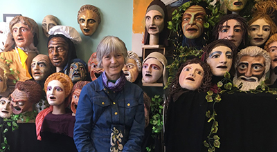 Photograph of Chris Vervain surrounded by theatre masks, links to blog post