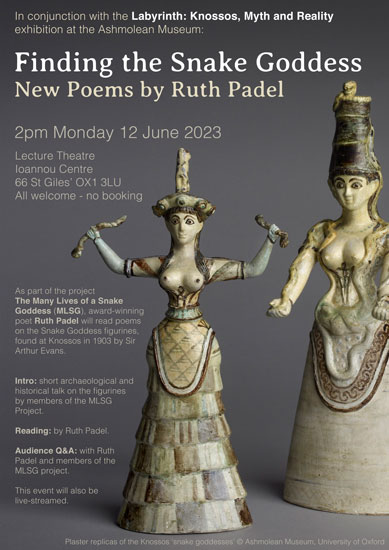 Poster advertising the event: background image is of two Plaster replicas of the Knossos ‘snake goddesses’ (© Ashmolean Museum, University of Oxford). 