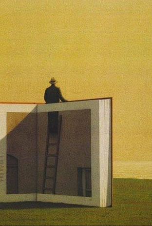 Man standing on ladder looking out over book