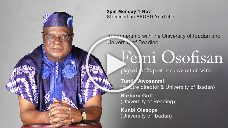 Poster advertising Femi Osofisan talk, linking to YouTube recording