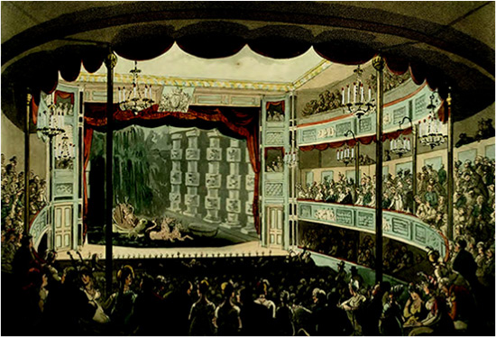 Engraving from Microcosm of London (1809, Plate 69) of the pool at Sadler’s Wells