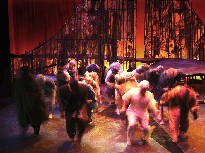 Production photograph of the 2004 performance of The Gods Are Not To Blame at Ohio University's Forum Theatre 