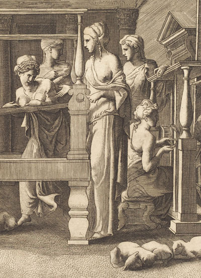 Black and white sixteenth century Italian engraving of Penelope and Her Maids Weaving