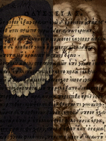 Portraits of Montaigne and Racine, overlaid with sixteenth century printed Greek text 