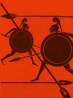 Two dark silhouetted ancient Greek soldiers, with spears and round shields, on a red background. In the style of ancient Greek vases.