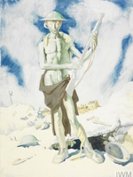 Watercolour painting by William Orpen, depicts a soldier holding a rifle, stood in front of a trench, surrounded by debris, his clothes have been blown away and he wears only tattered rags and a helmet.