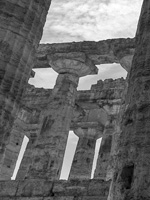 Close-up black and white photograph of ruins of Paestum