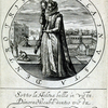 1613 black and white engraving of person holding a mask, text reads Bella in vista dentro trista