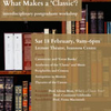 Poster for What Makes A Classic: text of the title and date or the event over a background of bookshelves 