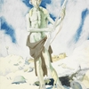 Watercolour painting by William Orpen, depicts a soldier holding a rifle, stood in front of a trench, surrounded by debris, his clothes have been blown away and he wears only tattered rags and a helmet.