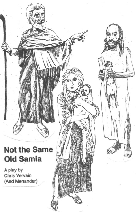 Black and white illustration on the cover of 'Not the Same Old Samia - a play by Chris Vervain (and Menander)'