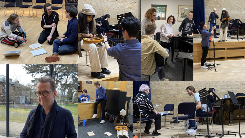 Collage of 7 photographs showing snapshots from day long musical workshop in the JdP Building, Oxford