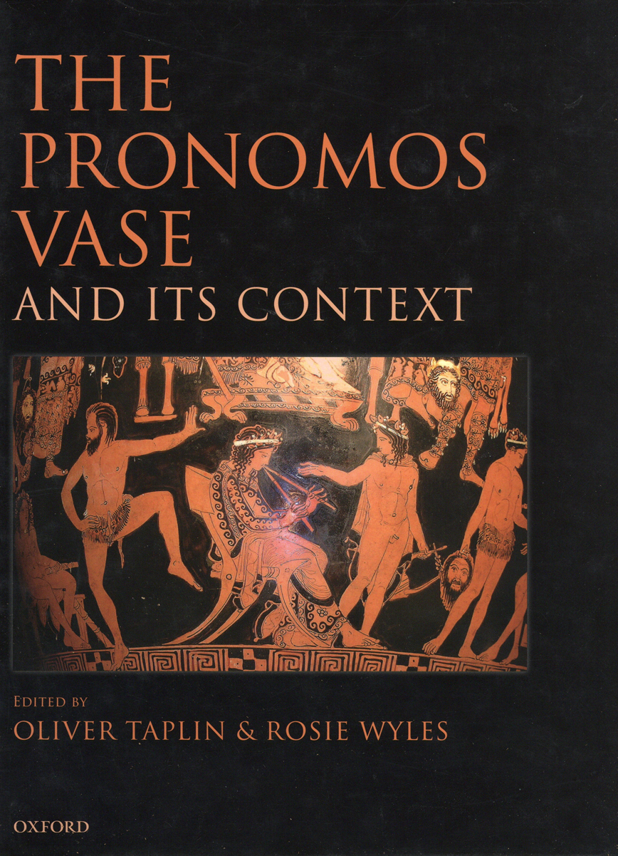 Cover of 'The Pronomos Vase'. The title is written in orange against a black background, above a scene from the Pronomos Vase showing the seated aulos player.