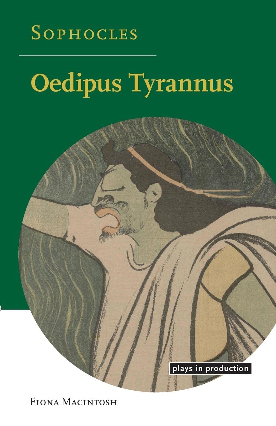 Cover of 'Sophocles, Oedipus Tyrannus'. The title is in yellow against a green background. In the centre is a caricature of Jean Mounet-Sully as Othello by Leonetto Cappiello.