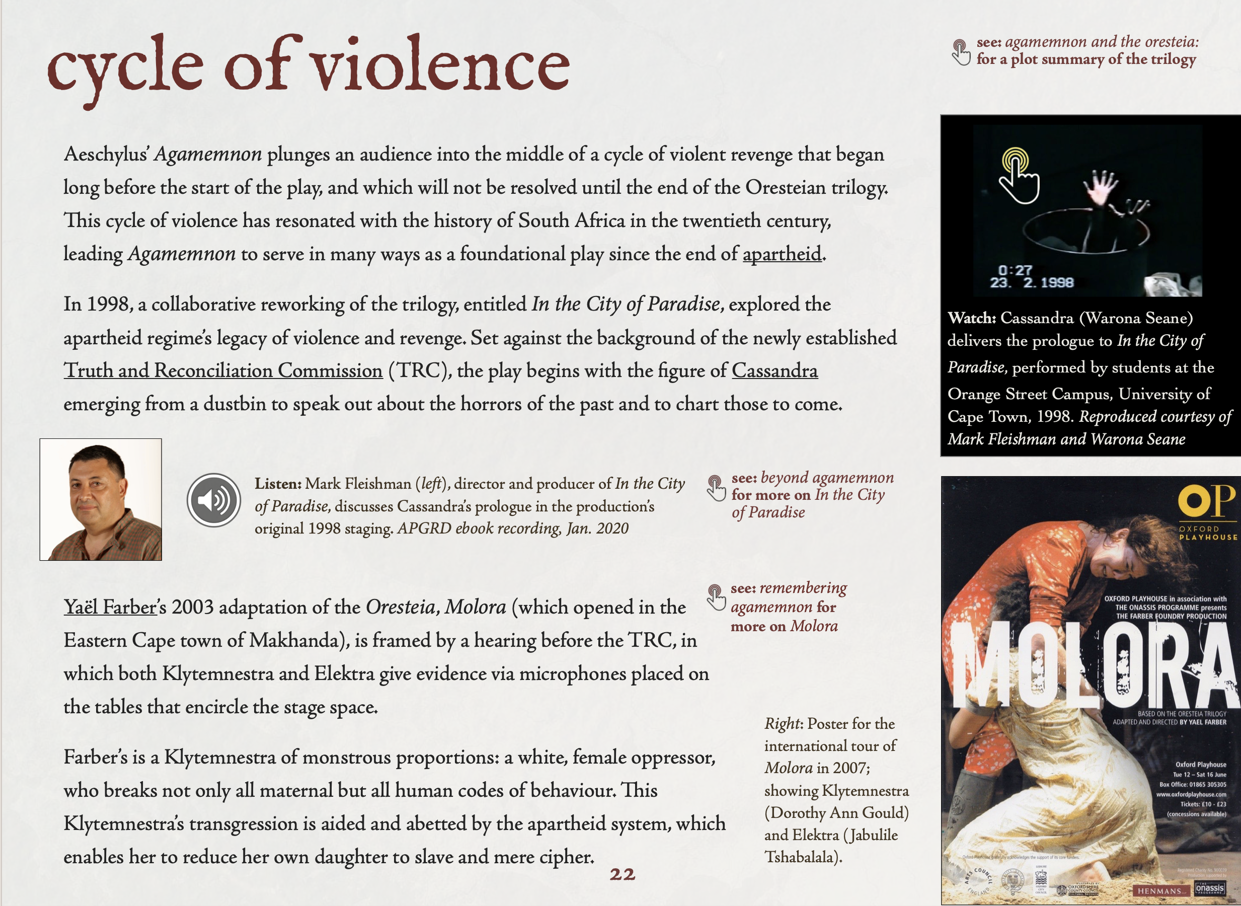 A page from the Agamemnon ebook on the cycle of violence and the South African adaptation, Molora.