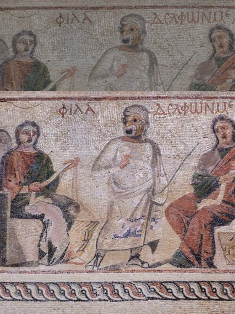 3rd century CE mosaic depicting three figures, two seated either side of a central standing figure
