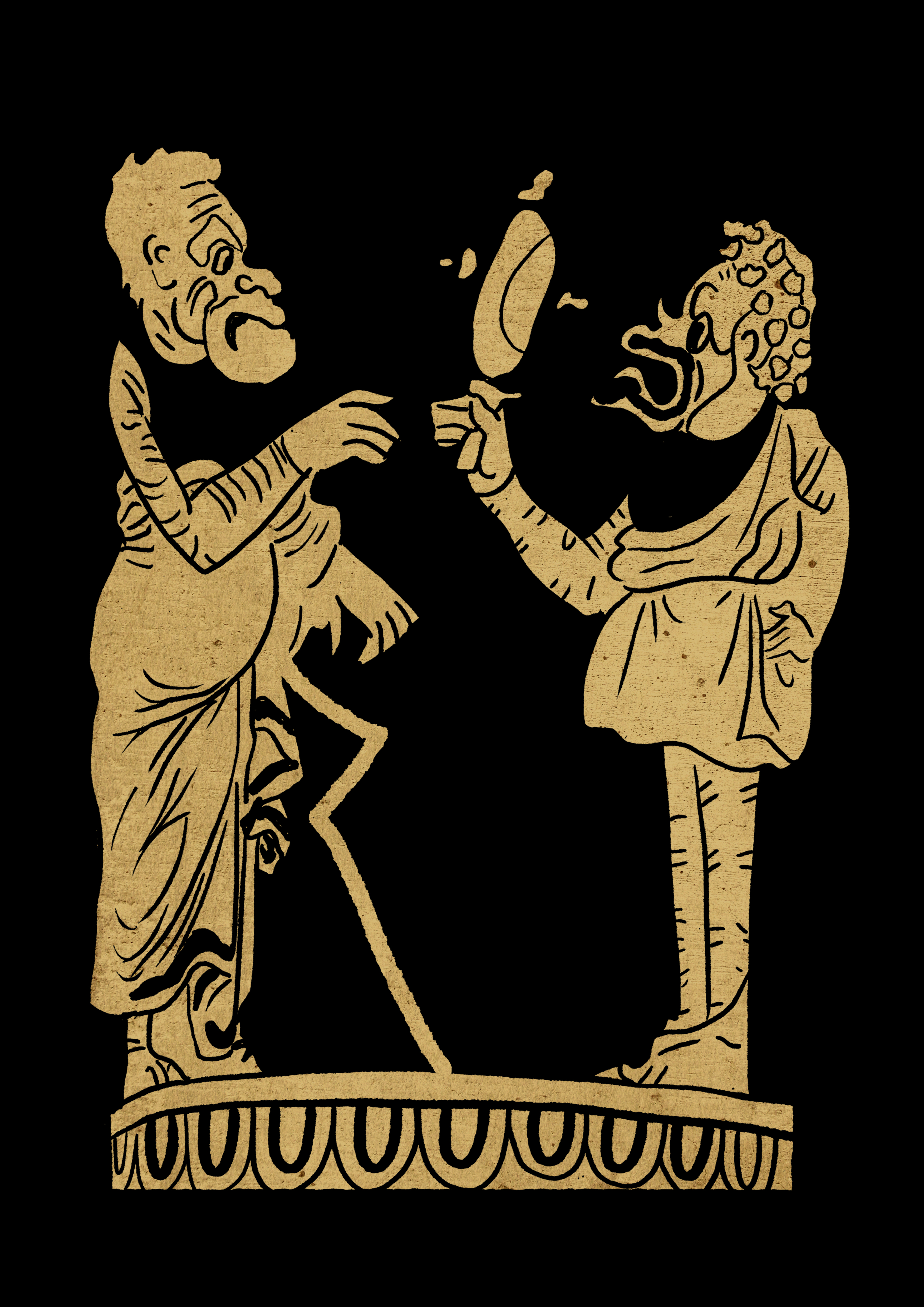 An image of two comic figures, styled after a Greek vase painting.