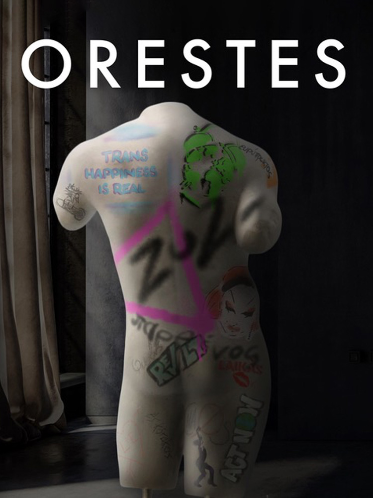 The back of a limbless classical sculpture that has been graffitied, against a dark background