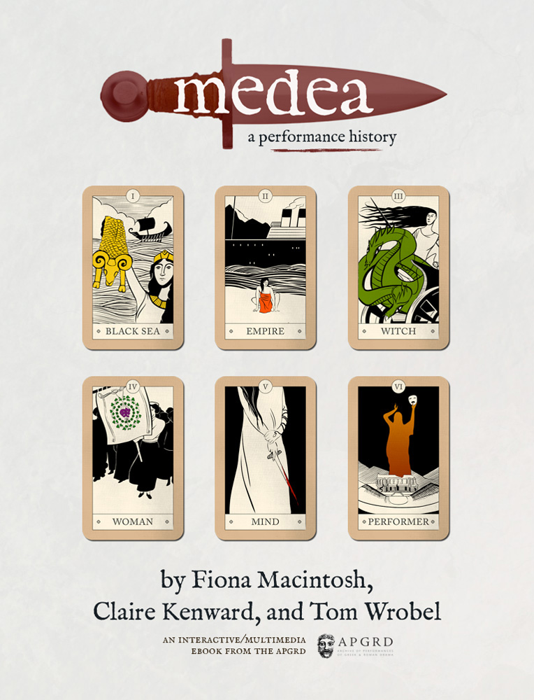 Cover of the Medea ebook, featuring six tarot-style cards depicting various scenes from the Medea myth