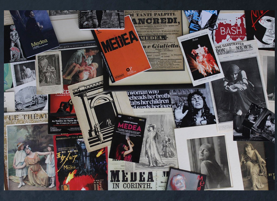A photo of APGRD archive items related to performances of Medea, scattered across a table.
