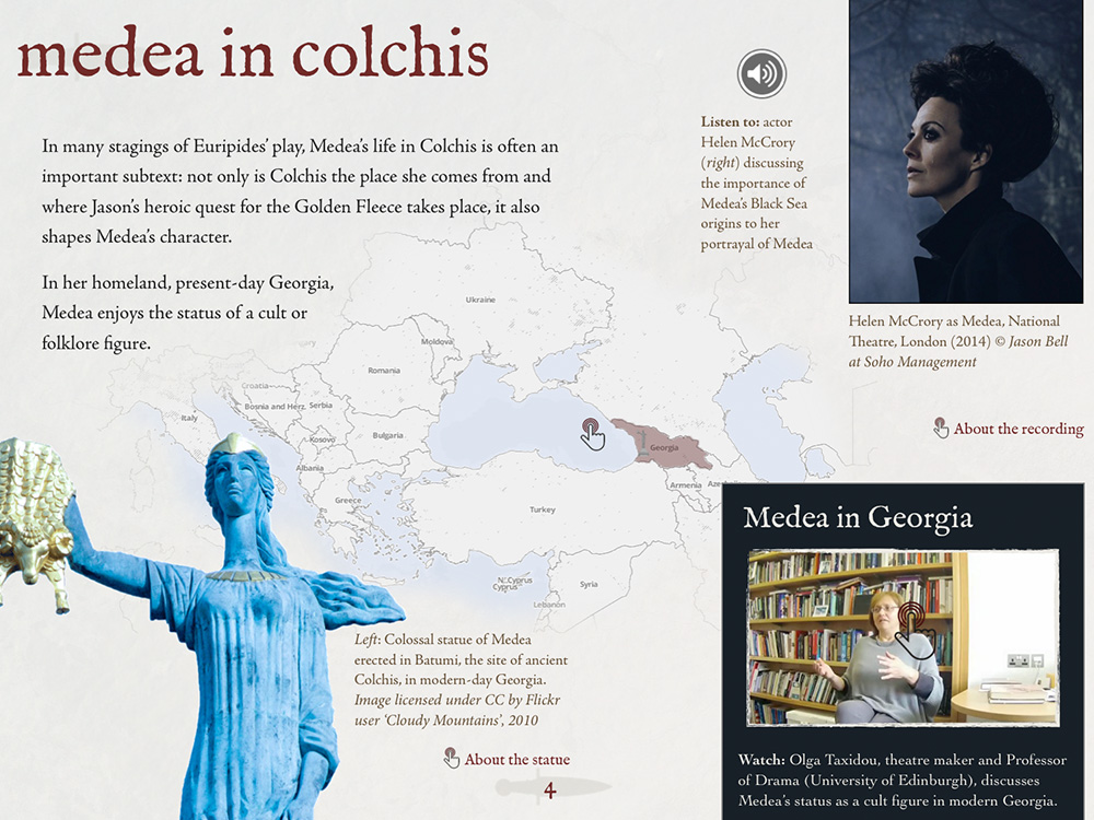 Screenshot of a page of the interactive Medea ebook showing a statue of medea, an interactive map, a video still and audio clip alongside a photograph of actor Helen McRory in the role of Medea