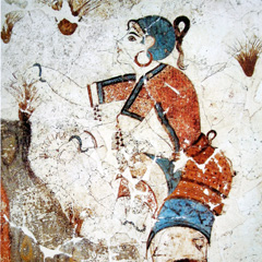 Detail from an ancient Greek fresco depicting a figure gathering Saffron