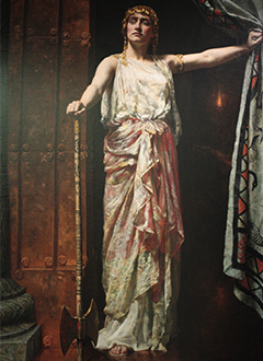 Oil painting shows the queen Clytemnestra standing, holding the axe with which she killed her husband Agamemnon
