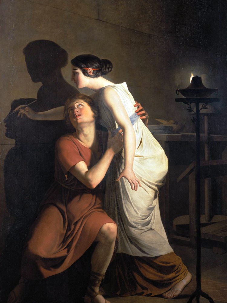 Eighteenth century oil painting of a robed woman drawing around the silhouette of a robed man who holds her around her waist.