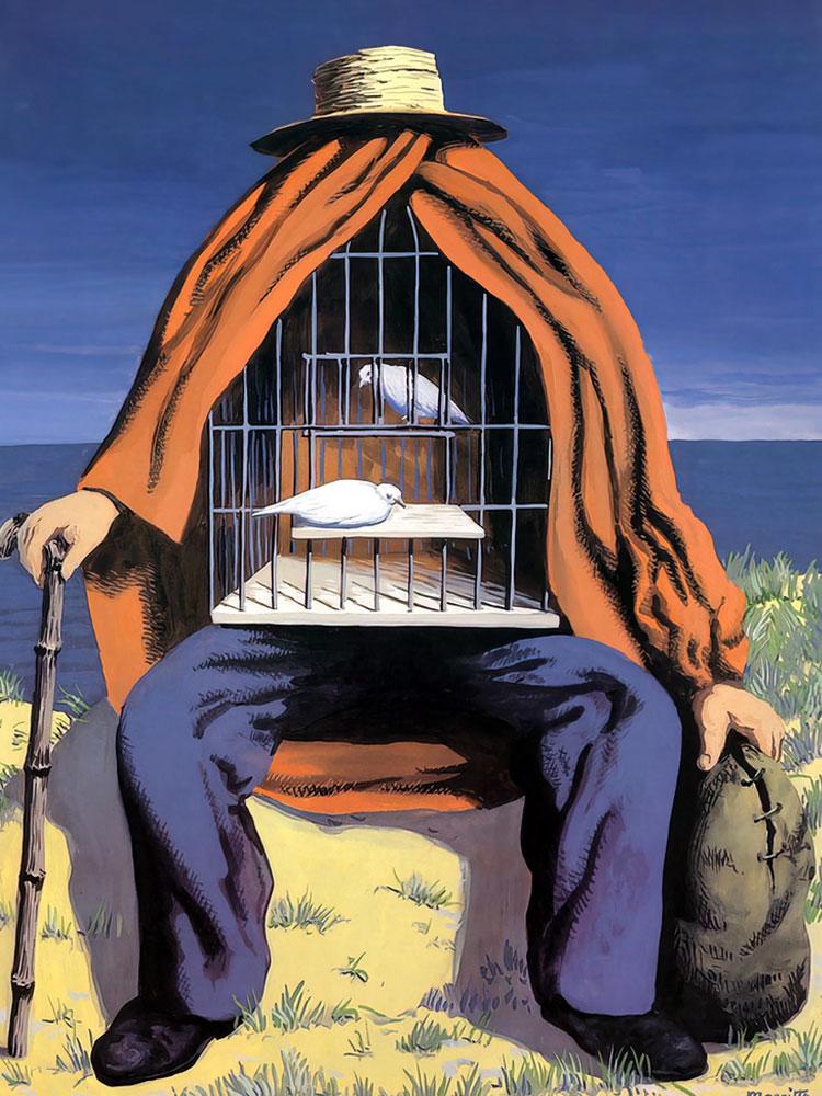 An oil painting by René Magritte depicting a seated cloaked figure, holding a bag and a walking cane and wearing a straw hat, whose head and torso area are replaced by a birdcage