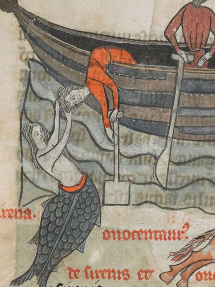 Image of an ancient siren pulling down a man from a boat