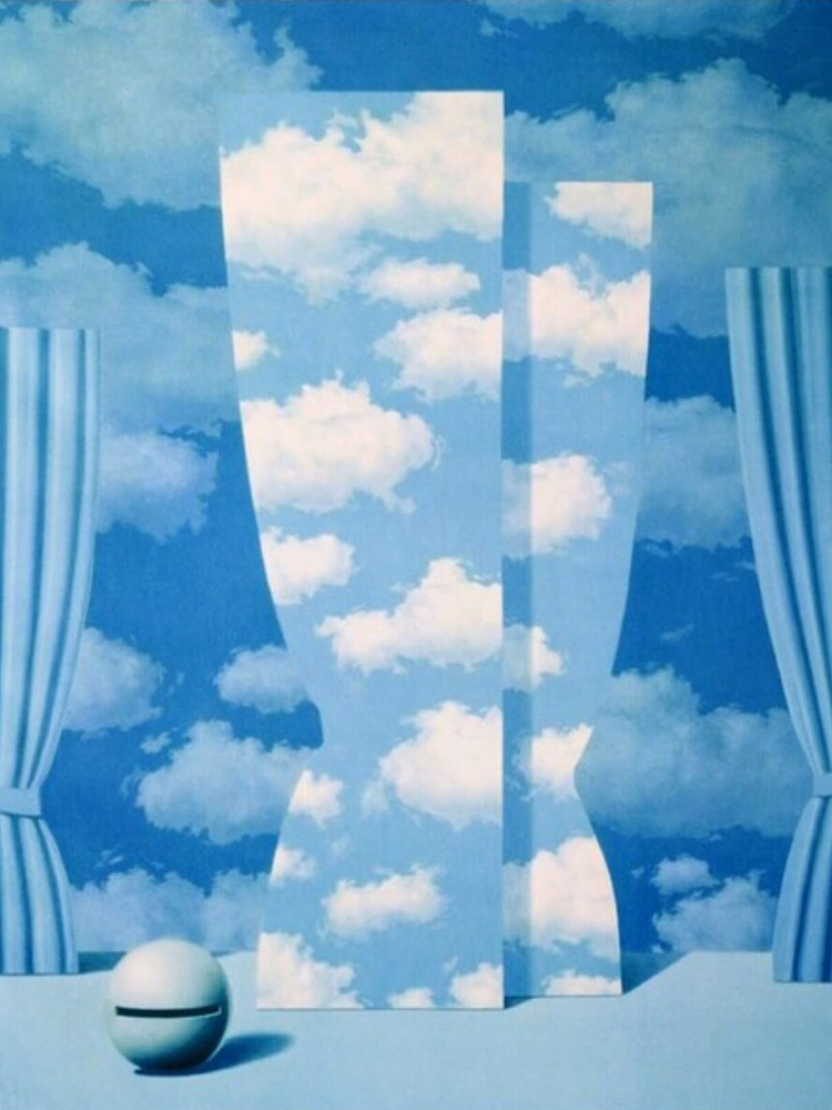A predominantly blue and white oil painting by Magritte of clouds and curtains