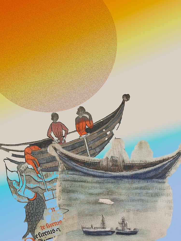 Image of a sea landscape with the sun on the upper left and a boat with two men capsizing, a mermaid holding a man's hand, another boat on the right with the shadow of two men