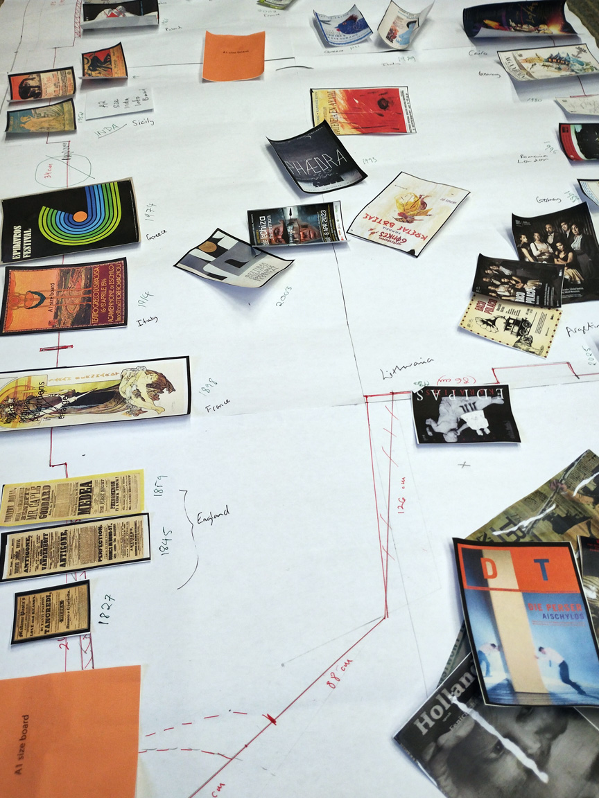 A photograph of a floor plan and miniature print outs of posters