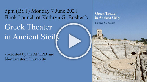 Front cover of Kathryn Bosher's Greek Tragedy in Ancient Sicily book, linking to YouTube Book Launch event
