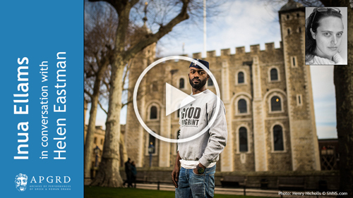 Poster advertising Inua Ellams in conversation with Helen Eastman, linking to YouTube