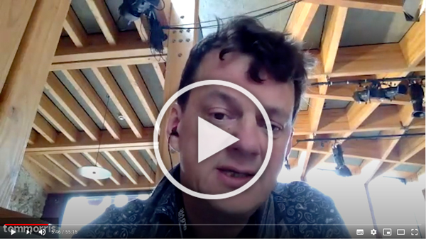 Still of Tom Morris in online conversation event 2020, links to YouTube